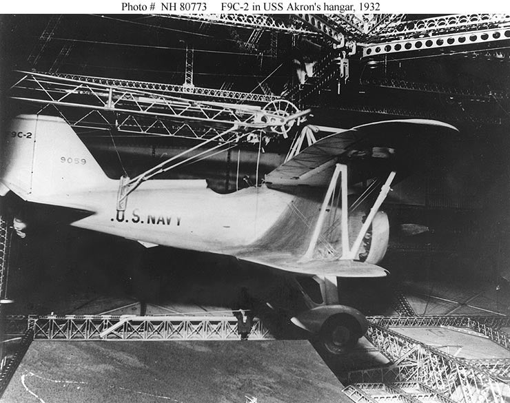 A Curtiss F9C-2 Sparrowhawk inside the USS Akron hangar