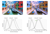 Left, how a person with color vision would see Venice, with their visual spectra below. Right, how a colorblind person would see it, with visual spectra. Note the spectral overlap where the arrow points on the right.
