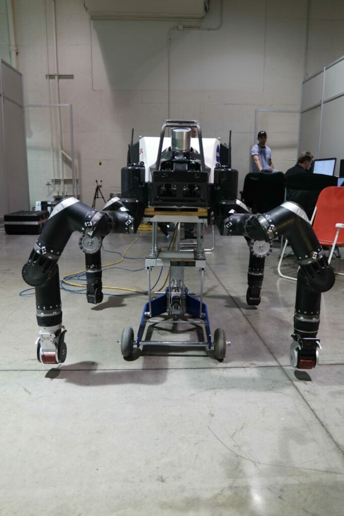 RoboSimian robot at rest in the DRC Team Garage