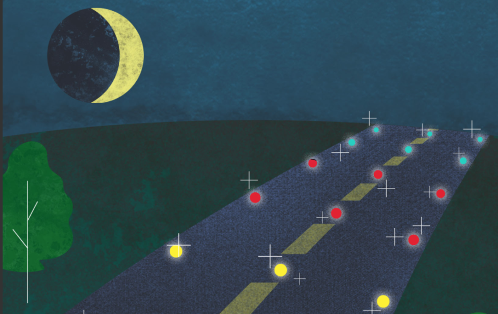 An illustration of a road studded with lights