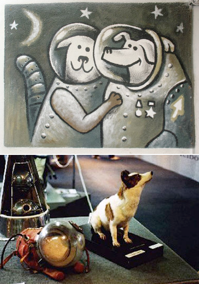 The best-known Soviet spacedog is Laika, a stray who died during her journey as the first orbital canine. But the USSR sent several dogs to space, and most of the cosmodogs survived. Belka and Strelka flew on Sputnik 5 on Aug. 19, 1960 and were the first Earth-born creatures to enter orbit and return alive. From NASA's History Office: They flew with a grey rabbit, 42 mice, 2 rats and 15 flasks full of fruit flies and plants. All passengers survived. The cartoon shows both famous dogs, and the taxidermied animal at the bottom is Strelka, on a tour in Australia in 1993.