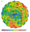 This image depicts Mercury's topography from the north pole to 5 degrees south latitude. The planet has irregularly shaped lowlands at its high northern latitudes which are an average 2 kilometers (1.2 miles) deeper than surrounding terrain, researchers say. This can only be partly explained by impact craters — something else was at work to form these regions, perhaps migration of planetary mass related to its axial spin when it formed. Note Caloris Basin at top right, one of the largest impact craters in the solar system. With the exception of the largest ones, Mercury's craters and interesting features are named for famous artists and composers.