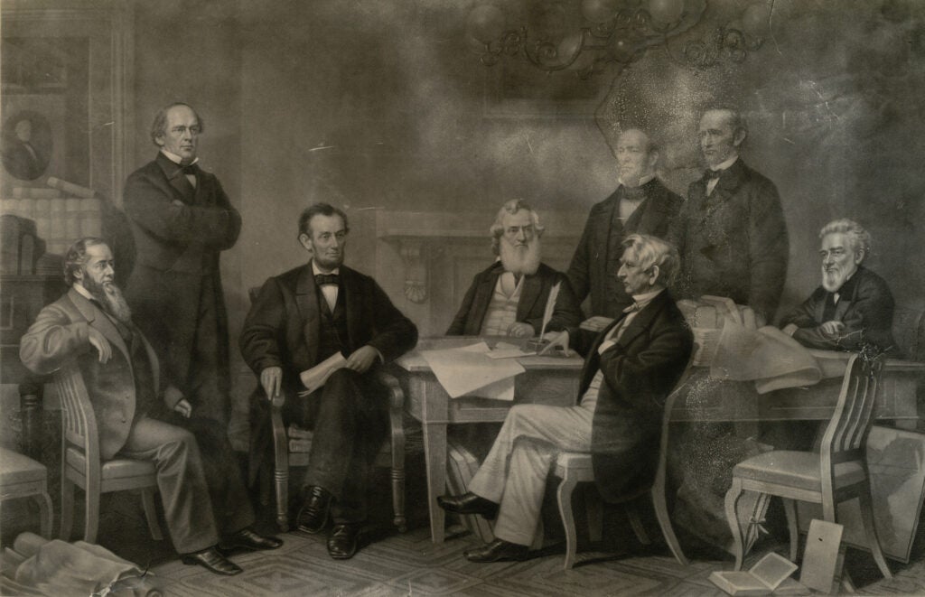 This painting depicts Lincoln reading the Emancipation Proclamation to his cabinet. Look at all those beards, those skeptical, skeptical beards. Following the Union victory at Antietam, Lincoln announced the emancipation of all slaves in Confederate-held territory, starting January, 1863. It was a partial move towards abolition, but it finally cemented the war as one to end slavery, at least in the mind of slave-free European countries contemplating support for the Confederacy.