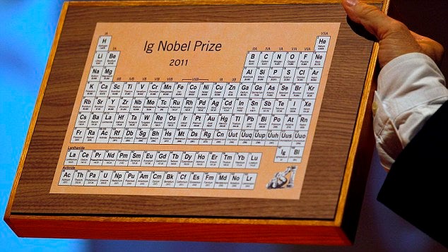 A 2011 Ig Nobel Prize is shown during the 21st annual Ig Nobel prize ceremony at Harvard University in Cambridge, Massachusetts September 29, 2011. The annual prizes, meant to entertain and encourage scientific research, are awarded by the Journal of Improbable Research as a whimsical counterpart to the Nobel Prizes, which will be announced next week. REUTERS/Adam Hunger (UNITED STATES - Tags: EDUCATION SOCIETY SCIENCE TECHNOLOGY)