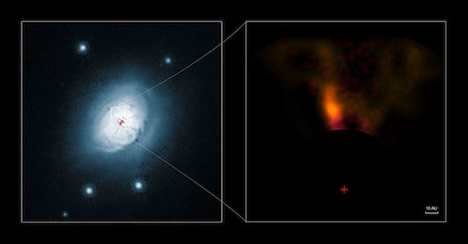 On the left is a visible-light image, from the Hubble Space Telescope. On the right is an infrared image, from the Very Large Telescope. In both pictures, the red cross marks the location of the new protoplanet.