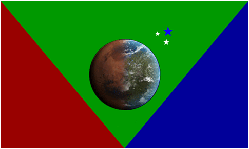 When researching the purpose of the Mars Society's flag, I discovered that it was actually quite well-designed. This is taken from a website: "The red, green, and blue colors derive from the stages of Mars' transformation from barrenness to life depicted in the epic "Red Mars," "Green Mars," "Blue Mars" trilogy written by Kim Stanley Robinson. Red stands for the current desert, green for a 2nd step planet with vegetation and blue for the fully terraformed blue planet Mars. Red, green, and blue are also the primary components of the spectrum, symbolizing unity in diversity, as well as light itself and thus reason and enlightenment. The tricolor form also traditionally represents the republican values of liberty, equality, and justice." (<a href="http://www.astrosociety.org/education/publications/tnl/66/flag.html">astrosociety.org</a>) So, the validity of the red, green and blue flag is quite apparent. However, it is too boring to symbolize an entire planet and can too easily be confused with other national flags (i.e. France). Respectfully, I felt that my flag had to incorporate these colors. However, in my version I decided to make the green the background with the red and blue meeting just below the dipiction of the transforming Mars. This represents the craddle of life for which Mars will be as well as a symbol of unity and peace (resembles the peace symbol, but not quite, since the origin of the peace symbol is from the upside-down cross attributed to the anti-Christ). The configuration of the transforming Mars and the three stars is that of the symbol for Mars (I guess this is where I ask for permission to use the pictures from your article). I've read that, though it is usually tiped with a point, the Martian symbol used to be represented by a rotated Venus symbol, therefor ending in a cross. The three stars can represent both configurations. The larger, blue star represents Earth. Its configuration at the end of the 'point' symbolizes Mars' connection with Earth. The other two stars represent the Martian satelites Phobos (the larger, white star) and Deimos (the smaller, white star).-C.J. Davis