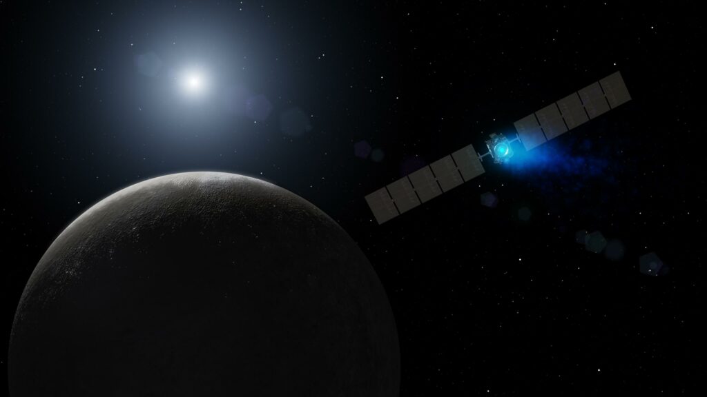 The Dawn spacecraft flies above the dwarf planet Ceres