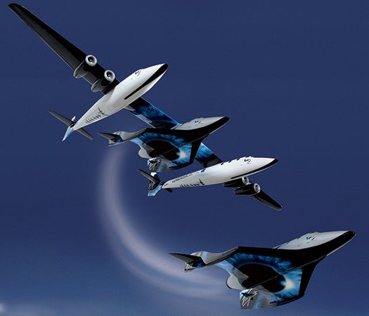 An illustration of Virgin Galactic's SpaceShipTwo separating from its mothership, WhiteKnightTwo.