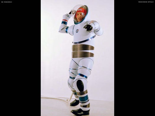 After 1965, the most serious competitor to the ILC suit for later lunar missions was a hard, one-piece suit manufactured by the stratospherically successful (if ultimately disgraced) corporate conglomerate Litton Industries. Even as they failed to meet the standards for lunar use, the streamlined suits were staged by NASA as the future of space travel through the 1970s.
