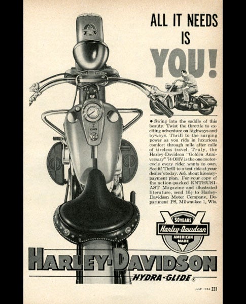 Harley-Davidson celebrated 50 years of being American-made in '54 with its Golden Anniversary 74-overhead-valve motorcycle. For the company's centennial, the whole line of bikes had special 100th anniversary logos.