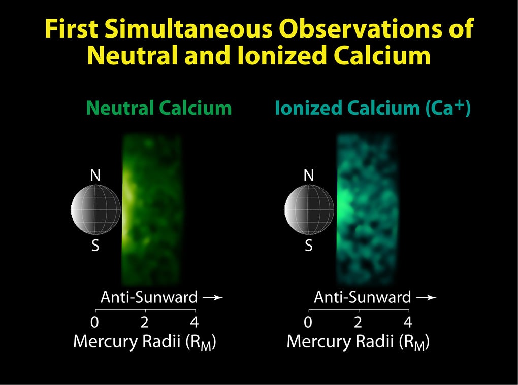 Shown here are the first simultaneous observations of the emissions from neutral and ionized calcium in Mercury's tail region. Neutral calcium is rapidly converted to ionized calcium by sunlight, explaining the generally rapid decrease of neutral calcium away from the planet. The high degree of correlation between the two observed distributions reflects the rapid conversion of neutrals to ions and demonstrates that ionized calcium represents a significant fraction of the overall calcium abundance. Simultaneous measurement of the abundances of calcium neutrals and ions is therefore necessary to determine accurately the total calcium abundance in Mercury's exosphere. This situation is in contrast to that for sodium and magnesium, which are ionized much more slowly. The significantly longer lifetime for neutral magnesium may explain why its abundance is more widely distributed in the tail region than calcium.