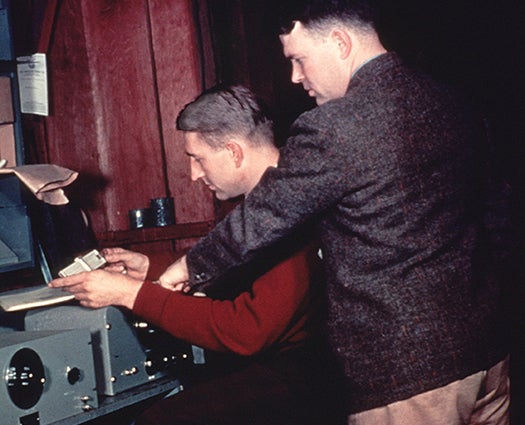 384280 03: Hewlett-Packard Company co-founders David Packard (seated) and William Hewlett run final production tests on a shipment of the 200A audio oscillator. The picture was taken in 1939 in the garage at 367 Addison Avenue, Palo Alto, California, where they began their business. Hewlett died January 12, 2001. He was 87. (Photo courtesy of Hewlett-Packard/Newsmakers)