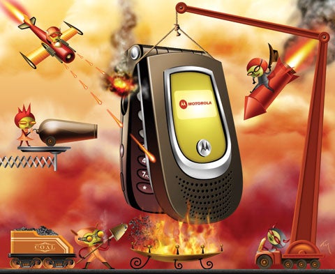 Planes bombing a cellphone. Illustration.