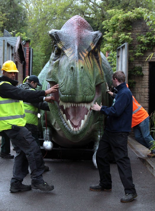Bristol Zoo Gardens in Bristol, England received several life-sized, animatronic dinosaurs this week. Moving them around seems to have been difficult.