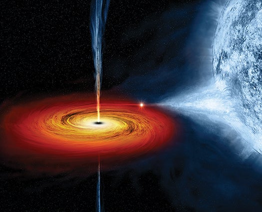An illustration of a black hole pulling gas and plasma from a nearby star.