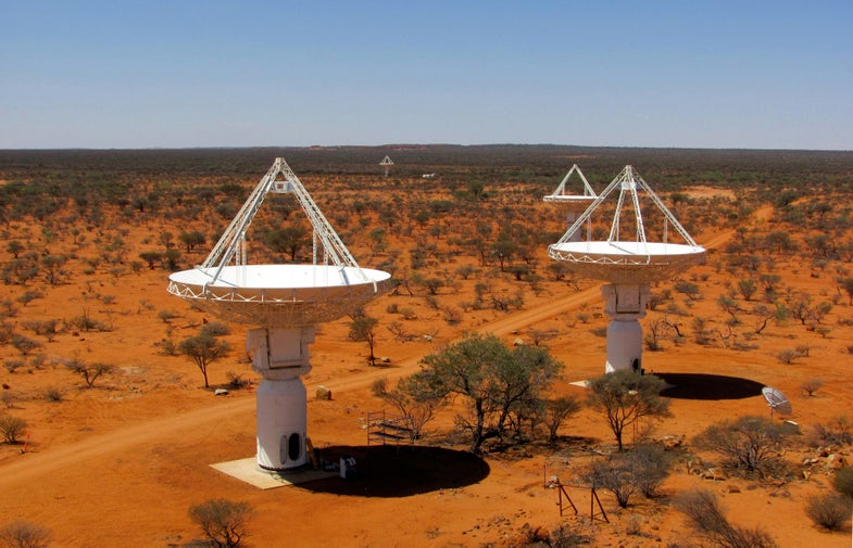 An elevated view of four of CSIROs new ASKAP antennas at the Murchison Radio-astronomy Observatory, October 2010. Credit: Ant Schinckel, CSIRO.