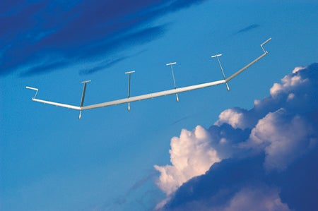 SolarEagle in flight in clouds, artist rendering by Chuck Schroeder. For News Release 9/9/10