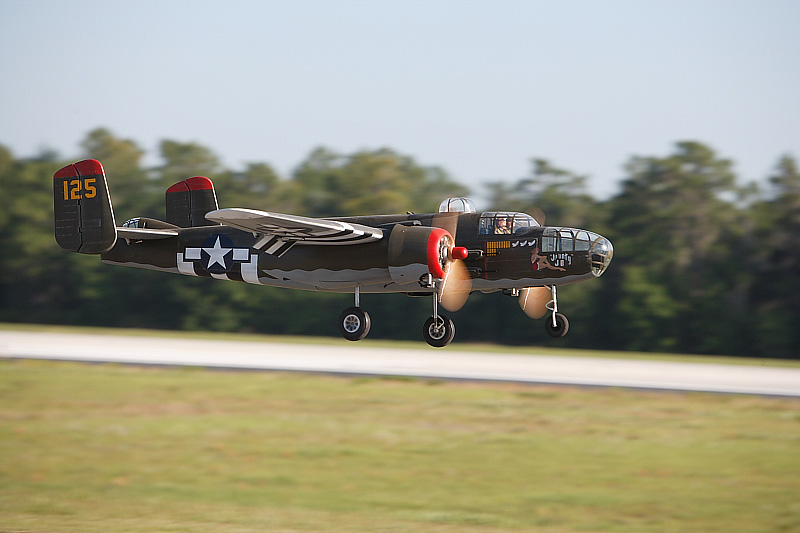 A model bomber comes in for a landing.