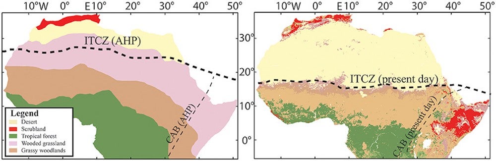 A map of the North African landscape during the African Humid Period (AHP) around 10,000 years ago (left) and today (right). The thick dashed line represents the Intertropical Convergence Zone (ICTZ), where winds from the southern and northern hemispheres