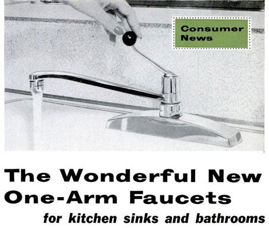 Who knew that such an ubiquitous kitchen fixture would make such a splash? (not pun intended.) We called the "glamorous" one-armed faucet "one of the slickest home improvements since plumbing came indoors," detailing a series of reasons why consumers would want to do away with their two-handled, screw-type faucets. For one thing, people could adjust the temperature of the water before turning on the faucet. For another, a two-stage valve prevents the drip of screw faucets. Finally, if your hands are occupied, you can turn the faucet on or off with your elbow. Read the full story in "The Wonderful New One-Arm Faucets"