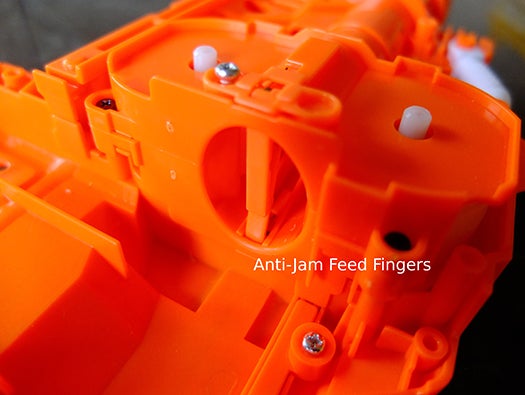 closeup of orange nerf gun anti-jam system
