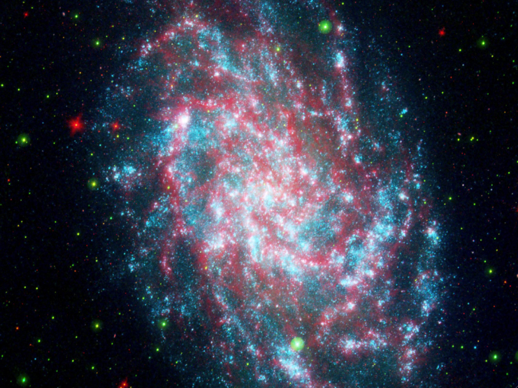 By combining ultraviolet data from the Galaxy Evolution Explorer with infrared observations from the Spitzer Space Telescope, astronomers get a clearer picture of the various components of a galaxy.