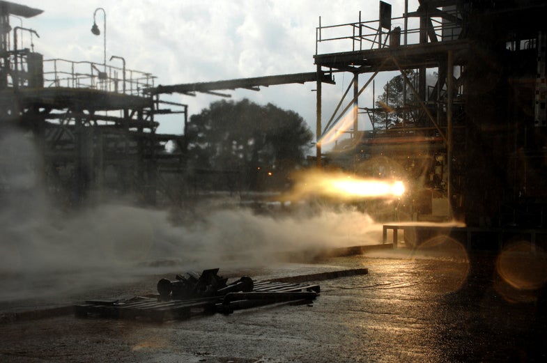 A 3-D printed rocket part blazes to life during a hot-fire test designed to explore how well large rocket engine components withstand temperatures up to 6,000 degrees Fahrenheit and extreme pressures, typical of the environments experienced by rocket engines.