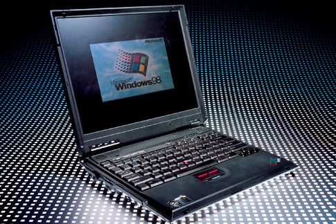 An old laptop running Windows 98.