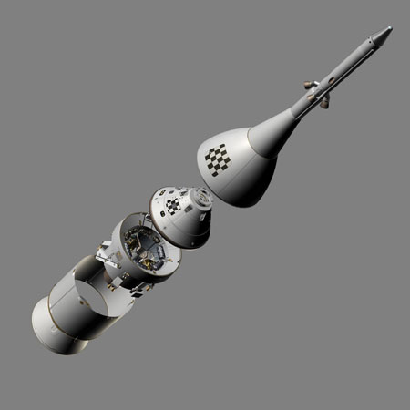 The Launch Abort System is connected to the crew capsule, and fits onto NASA's Ares rocket using an adapter.
