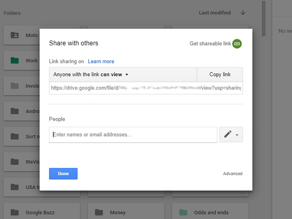 The file sharing interface on Google Drive.