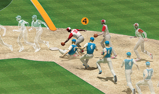 The runner on first heads for second, but the fielder transfers the ball from glove to hand in 1.25 seconds (0.75 second is average, so this could indicate a difficult play) and fires an 83mph throw to second. The runner is moving at 18 mph—about league average but not fast enough to beat out the excellent throw.