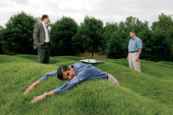 I think people either love this picture, hate it, or just don´t get it. It´s a portrait of a man who invented a system that morphs aircraft wings to move like bird wings. I wanted to morph his body in a similar way, and this weird grassy field did the trick perfectly.