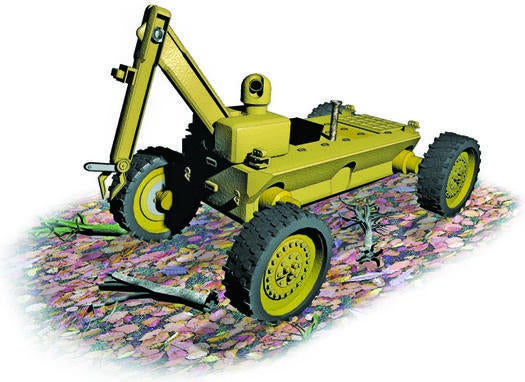 Proposed "energetically autonomous tactical robot" equipped with a chainsaw arm and fueled by plentiful twigs and leaves.