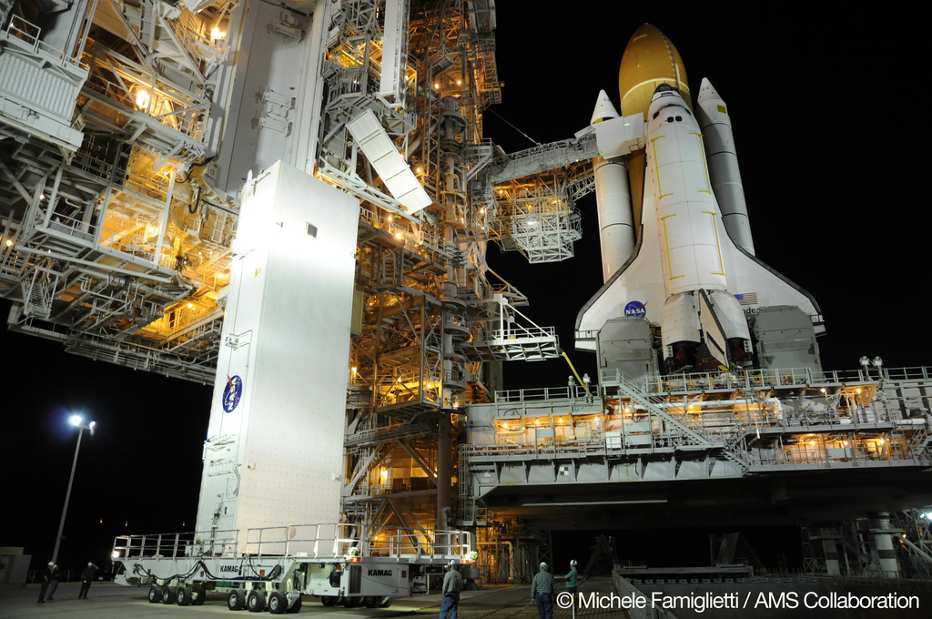 The AMS canister is prepared for loading into the cargo bay of space shuttle Endeavour.