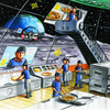 We asked a translator to tell us what the captions mean, but couldn't quite figure out some of the finer details. For this particular image, here is a caption I just made up: The future kitchen of the Moon-Domino's features excellent views of Earth (and is monitored by a manager driving the stair car from <em>Arrested Development</em>) but is otherwise about what you'd expect from a futuristic Domino's kitchen.