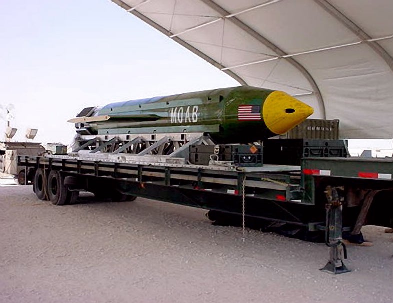 The GBU-43/B Massive Ordnance Air Blast bomb sits at an air base in Southwest Asia waiting to be used should it become necessary. The MOAB is also called "The Mother of all Bombs" by scientists and the community alike. (Courtesy photo)