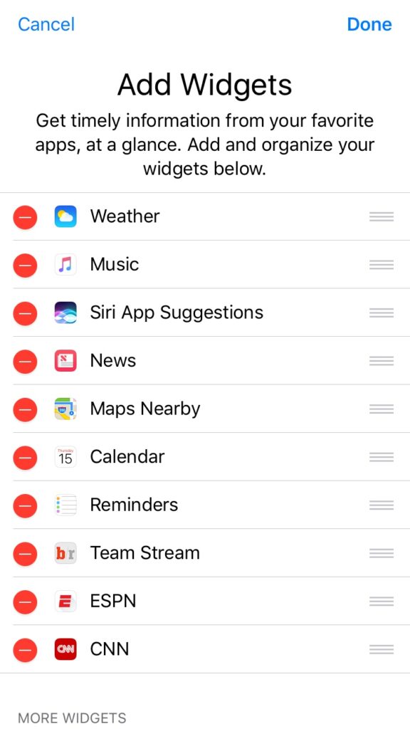 Widgets menu in iOS 10