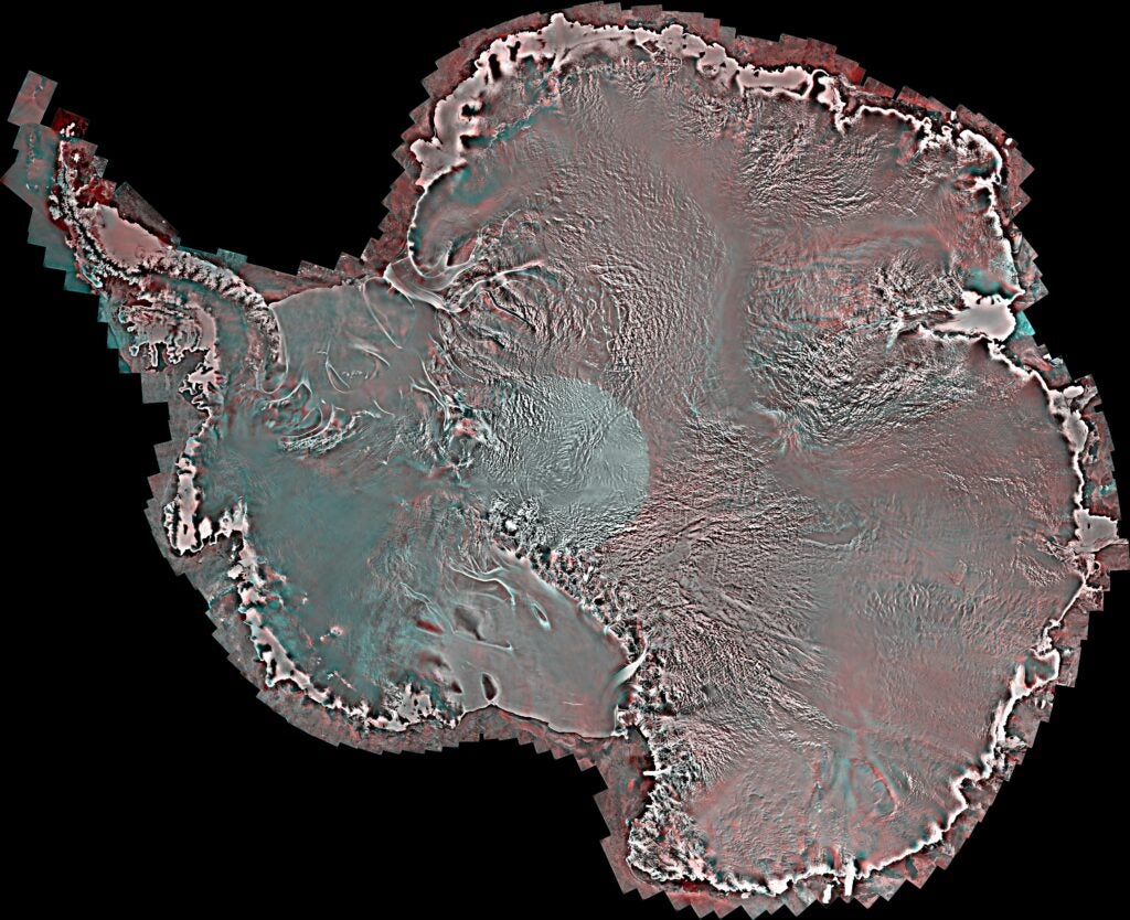 Released in August 2014, this mosaic compiles over 3,150 satellite images of Antarctica into a single image of the entire continent.