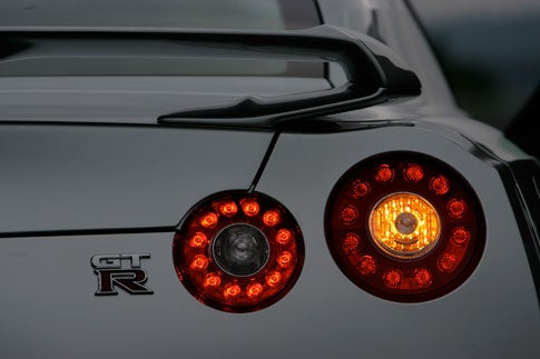 The GT-R's signature ringed LED tail lamps.