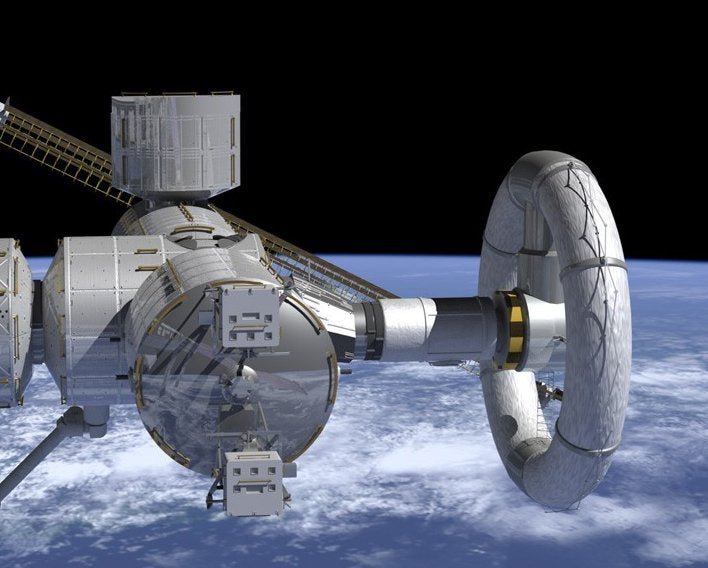 An artist rendering of the Nautilus-X, a concept for a module that could provide artificial gravity on the ISS. Nautilus-X did not move beyond the concept phase.