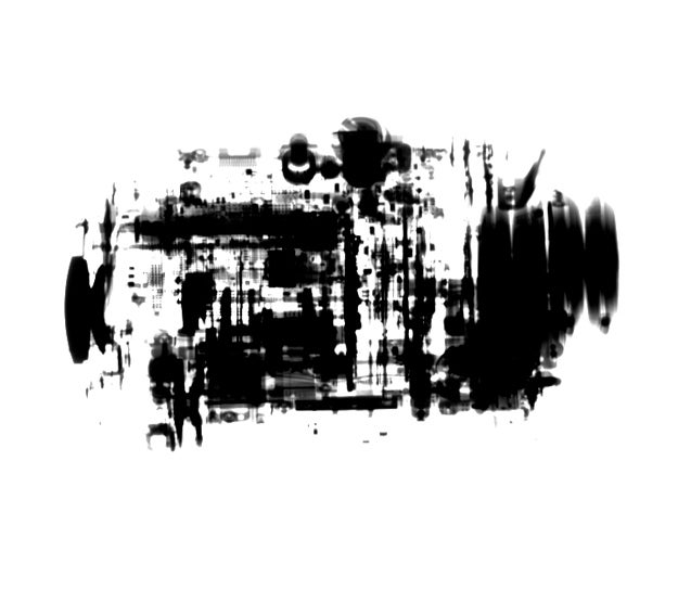 This abstraction was taken using x-ray backscatter. Instead of catching the x-rays that travel through an object, backscattering takes a picture of the x-rays bouncing off of it. So in this image, the black parts are the denser and the white parts are softer.