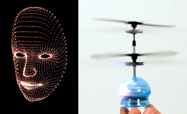 This 3-D face (left) is built of a swarm of golf-ball-sized, LED-equipped helicopters (right).
