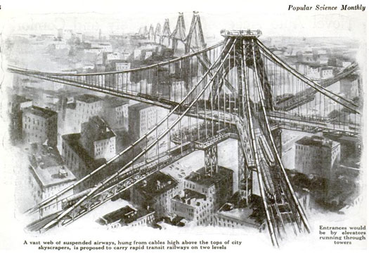 By the early 1920's, New York City officials new that they needed to fix their automobile traffic problem. Gustav Lindenthal, who designed the city's Hell Gate Bridge in 1917, proposed building a vast web of steel-cable suspension bridges all over the city. Long, cylindrical monorail trains would zip through hanging airways while transporting commuters from the suburbs to skyscrapers. Passengers would enter the airway using elevators installed on buildings. R.C. Lafferty, a New York engineer, had a similar idea, except that his bridges wold include a motor speedway below the railway. Like Lindenthal, Lafferty favored monorails, arguing that they would suffer less damage over time than traditional train cars. At the time of this article's publication, the New York Transit Commission considered Lafferty's idea a viable solution to the growing congestion of New York City streets. Read the full story in "Proposes Suspended Railways to Bridge Cities!"