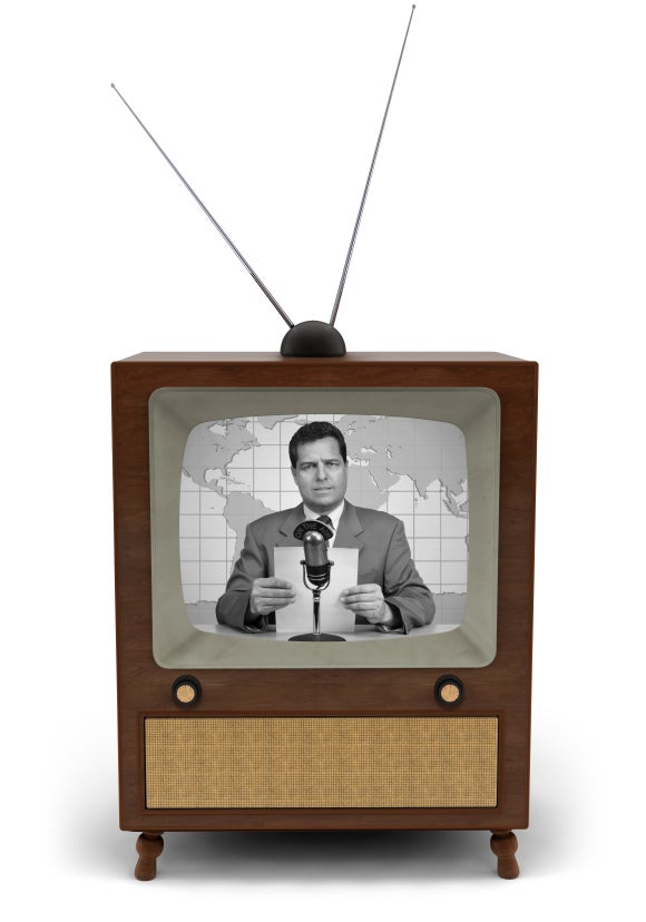 1950's television with a newscaster reading a news bulletin