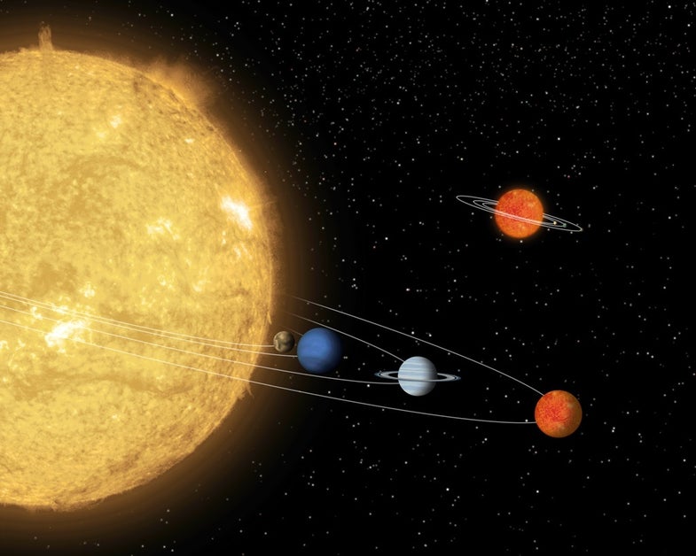 55 Cancri e, previously thought to be a diamond planet, orbits closest to 55 Cancri. Shown above 55 Cancri's planets is a nearby brown dwarf star that has its own orbiting planets.