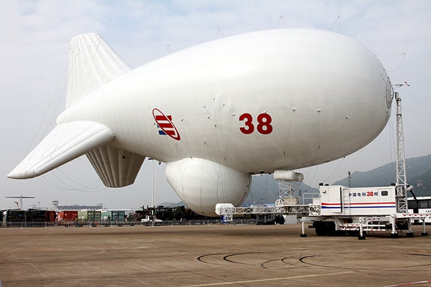 CTEC shows off its 1,600 cubic meter Vehicle Tethered Aerostat System at Zhuhai 2014. This aerostat is primarily intended for urban safety and border patrol missions, but its larger 8,000 cubic meter brother would likely have military missions, such as cruise missile defense.