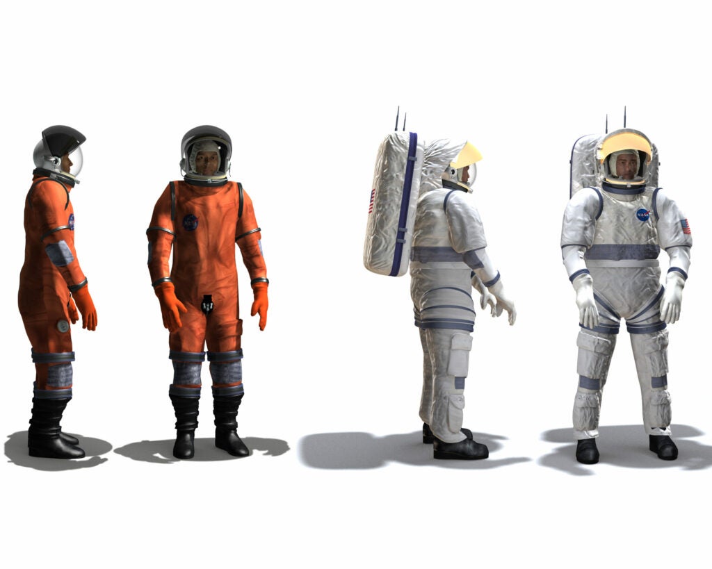 The Constellation Space Suit System, or CSSS, on the left, and the shuttle "jet pack" of the 1970s, on the right.