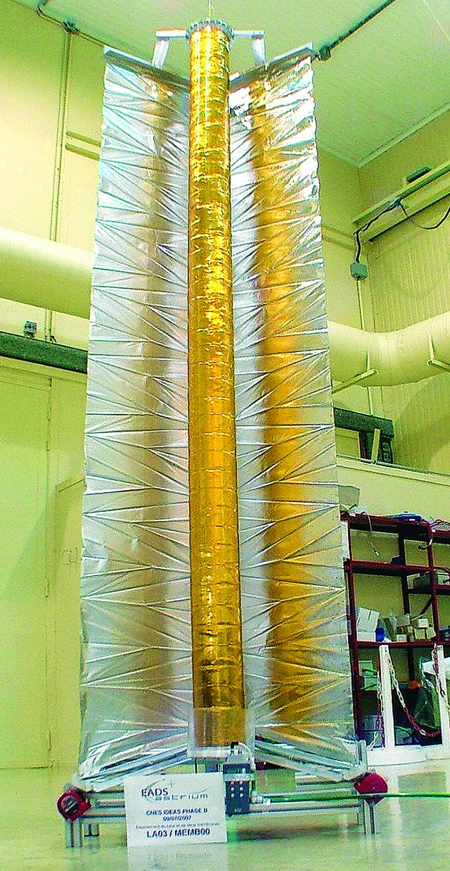 The Aerobraking Sail's wings sprout from its golden central boom. A planned larger version could pull the fuel tanks from Europe's Ariane 5 rockets out of orbit.