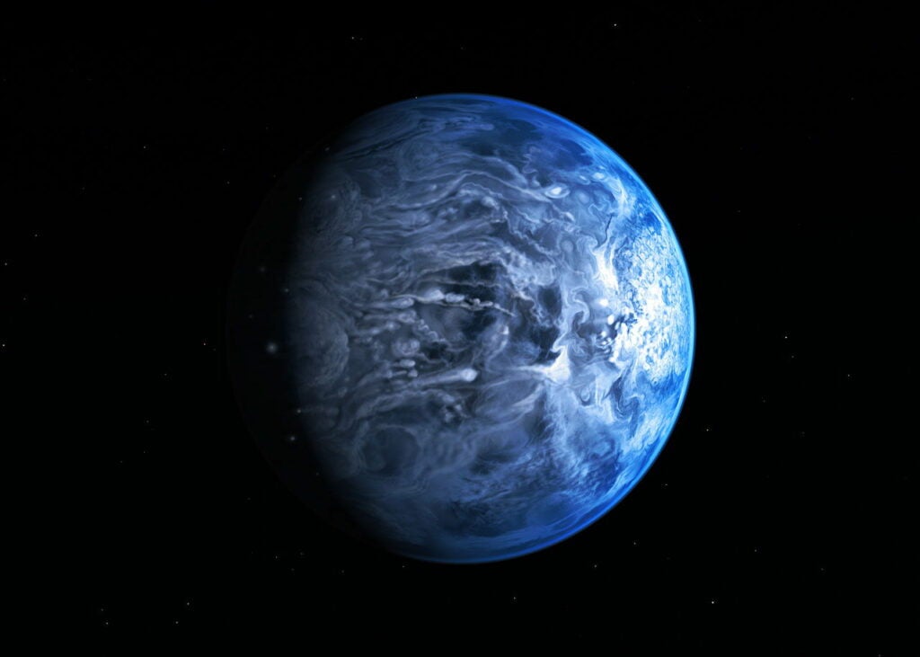HD 189773b, 63 light-years away, looks nice and Earthlike. But it's not. It's about 1270 K on its surface and <a href="https://www.popsci.com/science/article/2013-07/astronomers-discover-color-exoplanet-first-time/">it rains glass. <em>Sideways</em></a>. The blue color is thought to come from silicate particles in the planet's atmosphere, which scatter blue light. Because of the planet's surface temperature, the particles could condense to form glass. These glass grains would then fly around in the planet's 4,000-mph wind. Ouch. Now, let's all just take a moment to relish Earth's relatively moderate climate.