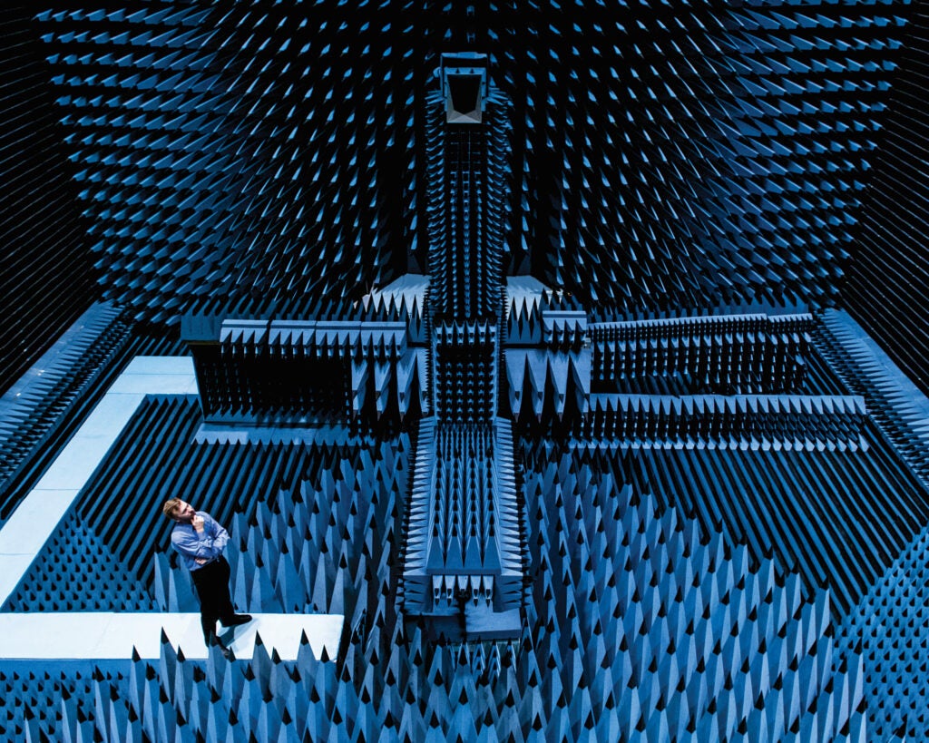 Built in 1967, DTU’s anechoic chamber was orginally black, but “it was like working in a grave,” says Olav Breinbjerg, an antenna engineer. So in the nineties, new absorbers were painted a cheerful blue.
